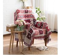 Plaid Coton Réversible 180x230cm avec Franges Jeté Canapé Bohème Motif Géométrique Rose Décoratif Couvre-Lit Camping COUVERTURE