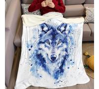 Plaid Couverture 70 x 100 cm Aquarelle Loup Bleu Couverture Peluche Doux Molleton Légère Chaude Confortable pour la Chambre à Coucher Salons Filles Garçon Gifts