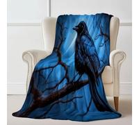 Plaid Couverture Flanelle Bleu foncé, Style Sombre Branche d'arbre Corbeau Imprimé, Hiver Chaude Douce Moelleuse Couverture de Lit Couvre-lit Jeté de Canapé, Convient Adulte et Enfant 100×130 cm