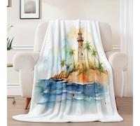 Plaid Couverture Peluche Super Douce 127 x 152 cm, Aquarelle Plage Île Phare Couverture Imprimée pour Enfants Garçons et Adolescents - Couleur Plaid Polaire pour Canapé Lit Literie Bébé