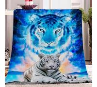 Plaid Couverture Polaire 180x200 cm, Motif Animal Tigre Blanc Couverture Flanelle Douce Chaudes et Confortable, Tigre Bleu Couvertures Lavable pour Canapé-Lit Fauteuil, Voyage