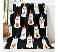 Plaid Couverture Polaire, Dessin Animé Mignon Impression Douce Flanelle Couverture de Lit Plaid, Chat Fantôme Chapeau De Fête Sucette Jeté de Canapé Convient Adultes et Enfants Rester, 130x150 cm