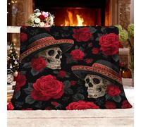 Plaid Couverture Polaire Douillette 100X130 cm Jour des Morts ThèMe Couverture Chaude de Canapé, Jete de lit, Plaid Polaire Flanelle Rouge Utilisable des Deux côtés Moelleuse