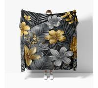 Plaid Couverture Polaire en Flanelle, Imprimé Botanique Luxueux Jeté de Canapé 150x200 cm lit 1 Personnes Chaud, Noir Et Or Couverture Polaire Douce et Légère Camping et Voyage
