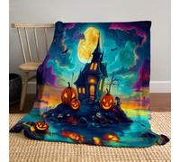 Plaid Couverture Polaire en Flanelle, L'Île La Maison Hantée Douce Moelleuse Éléments Science-Fiction d'halloween Couverture Lit Plaid Jeté Canapé Convient Rester Chaud en Hiver, 130x150cm, Bleu-Vert