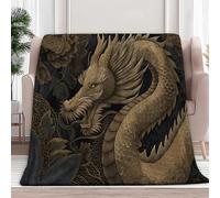 Plaid Couverture Polaire en Flanelle Style Fantastique Dragon Doré Jeté de Canapé 130 x 150 cm Couverture lit Enfant Chaud, Noir Couvertures Polaire Douce et Légère Camping et Voyage