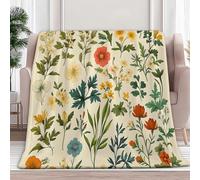 Plaid Couverture Polaire en Microfibre 130 x 150 cm, Rétro Plantes Fleurs 3D Impression Douce Moelleuse Flanelle Peluche Couverture De Lit Convient Adultes et Enfants Camping, Crème