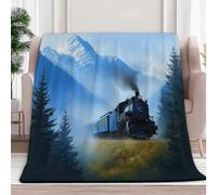 Plaid Couverture Polaire en Microfibre 180 x 200 cm, Train Montagne sur Le Thème L'Aventure 3D Impression Douce Moelleuse Flanelle Peluche Couverture De Lit Convient Adultes et Enfants Camping, Bleu
