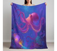 Plaid Couverture Polaire Peluche 220 x 240 cm, Moelleuse et Chaude Violet Royal Plaid pour Canapé ou Lit, Peinture À L’Huile Créatures Marines Rose Pieuvre Couverture Chaude Toutes Les Saisons