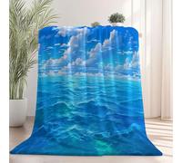 Plaid Douillet en Flanelle - Bleu Motif Réalisme Océan Ciel Bleu Nuages Imprimé Tissu Doux et Confortable, Couverture Chaude pour Sofa Chambre ou Bureau Facile d’Entretien 130 x 150 cm