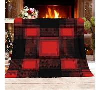 Plaid Doux et Confortable Canapé Couverture Moderne Carré Espace GéOméTrie Couverture Polaire Flanelle Carreaux Rouges Et Noirs Pour Canapé Lit Pique-Nique en Camping Parc-Jardin Plage XXL 180x220cm