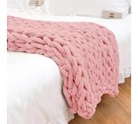Plaid en tricot épais, mignon tricoté à la main en chenille pour canapé et accessoires de maison, couverture en tricot doux et douillet, rose, 200 x 200 cm
