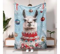 Plaid festif lama bleu - Couverture polaire confortable en alpaga - Peluche douce pour l'hiver, Noël, canapé, voyage, toutes saisons - 127 x 152,4 cm