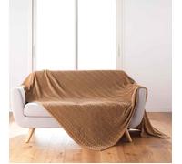 Douceur d'Intérieur, Plaid Doux (180 x 220 cm) Arya Camel, Flanelle Relief Unie