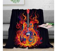 Plaid Guitare Flammes 3D Imprimé Microfibre Décoration Maison Couverture Jeté Guitare Feu Doux Chaud Canapé Chambre 80×90(200x230cm)