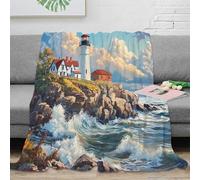 Plaid Phare Côtier 3D Imprimé Microfibre Décoration Maison Couverture Jetée Phare pour Canapé Chambre Adulte Jeune 60x80(150x200cm)
