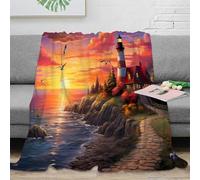 Plaid Phare Coucher de Soleil Imprimé 3D Microfibre Décoration Maison Couverture Jetée Phare Douce pour Adulte Canapé 50x60(127x152cm)