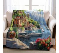 Plaid Polaire 130 x 150 cm Belle Ville au Bord du lac Couverture Flanelle Douce et Chaude pour Canapé et Lit, Enfant et Adulte