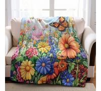 Plaid Polaire 180 x 220 cm Fleurs Marguerite Papillon Couverture Microfibre Moelleuse et Chaude pour Enfant, Ado et Adulte