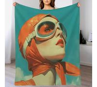 Plaid Polaire 220X240Cm Adulte Portrait d'une Pilote Turquoise, Flanelle Doux Couverture Lit 2 Personnes, Chaude Légère Jeté De Canapé Style Rétro Années 70 Grande Taille pour Enfants