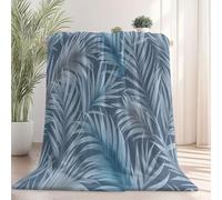 Plaid Polaire Canape Couverture, Simple Élégant Feuilles de Palmier Lignes Imprimée Motif Couvertures Lit en Flanelle, Hiver 100×130 cm Microfibre Douce Et Chaude Bleu Clair Couverture de canapé