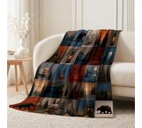 Plaid Polaire Ours Brun Forêt Patchwork 150x200 cm | Rétro Camping conception Douce en Microfibre Flanelle Couverture, Thermique Plaid pour Lit, canapé, salle de bain