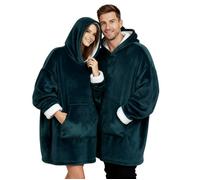 Plaid Pull Sweat à Manche et Capuche avec Poche - Taille Unique 118 x 85 cm Adulte Homme et Femme - Intérieur Sherpa - Coloris Bleu