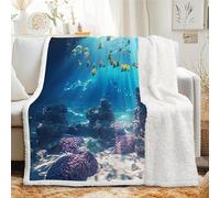 Plaid Sherpa 150x200 cm Style marin, Couverture Polaire Epais et Chaud - Grand Plaid Doux avec Banc de poissons, Jeté de Canapé Lit 2 Personne, Salon - Couverture Epaisse et Douce pour Hiver - Nature