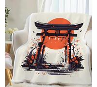 Plaid Sherpa Double Face à Motif Style Japonais - Couverture Polaire Fleur De Cerisier Torii - Couverture Chaude Hiver pour Lit ou Canapé - Plaid Epais et Chaud Douillette 120x200 cm G-76