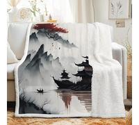 Plaid Sherpa Double Face à Motif Style Japonais - Couverture Polaire Montagne Architecture - Couverture Chaude Hiver pour Lit ou Canapé - Plaid Epais et Chaud Douillette 160x200 cm G-178