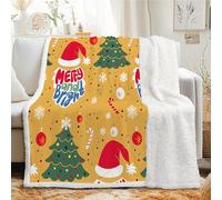 Plaid Sherpa Flocon Neige Chapeau Couverture Polaire 130x170 cm - Petit Plaid Epais et Chaud avec Sapin de NoëL Jeté de Canapé Lit 1 Personne, Bureau - Couverture Doux et Moelleuse pour Hiver - Doré
