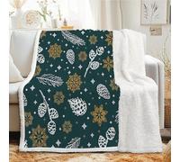 Plaid Sherpa Pommes Pin Couverture Polaire 130x150 cm - Petit Plaid Epais et Chaud avec Flocons de Neige Jeté de Canapé Lit 1 Personne, Bureau - Couverture Doux et Moelleuse pour Hiver - Vert Foncé