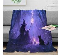Plaid Sorcière Chat 3D Imprimé Microfibre Décoration Maison Couverture Forêt Magique Canapé Chambre Adulte 40x50(100x130cm)