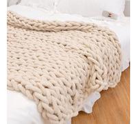 Plaid Tricot Grosse Maille Pelote Laine Jette,Couverture en Chenille Grosse Maille, Chaude Et Confortable, Faite à La Main, pour Canapé, Lit, Décoration D'intérieur (Beige,100x130CM)