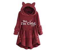 Plaids Manches Sweat à Capuche en Polaire pour Femme à Manches Longues Yes Im Cold Letter Print Loose Pocket Hoodie (Wine, M)