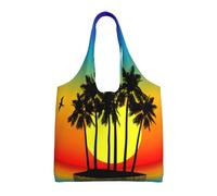 Plam Tree Sac fourre-tout en toile avec impression île tropicale au coucher du soleil Grande capacité, Noir , Taille unique