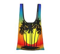 Plam Tree Sacs d'épicerie réutilisables, pliables, lavables et pliables dans une pochette écologique Motif île tropicale au coucher du soleil