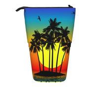Plam Tree Trousse à crayons avec imprimé île tropicale au coucher du soleil, pochette télescopique, porte-crayons portable, trousse de rangement pour cosmétiques