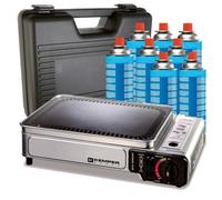 KEMPER - Plancha à gaz portable 2300W + 8 cartouches de gaz + Valise de transport Cuisson extérieure Camping Terrasse Barbecue