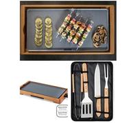 Plancha ARMATURE BOIS 2200W lisse avec Revêtement antiadhésif et bac récupérateur de jus-cuisson 50 x 24,5 + USTENSILES