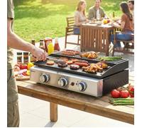 Plancha Gaz en Inox, 3 Brûleurs, Barbecue à Gaz avec Plaque Émaillée et Grille de Réchauffage, 7,5 kW, 62x44x21cm, Noir