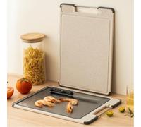 Planche à découper en acier inoxydable, paille à grain double face avec presse-ail et aiguiseur, bloc à découper de cuisine pour viande, légumes, fruits, jaune (grille)