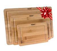 Planche à Découper en Bambou 3 Tailles (S, M, L) - Ensemble de Planches à Découper en Bois de Bamboo - Planches à Découper pour Cuisine Avec Rainure de Jus et Poignées - Plateau de Service en Bambou