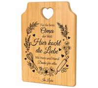 Planche à découper en bambou avec crochet de suspension en forme de cœur et couronne de fleurs - Hier kocht die Liebe, Beste Oma der Welt - Cadeau d'anniversaire pour grand-mère, fête des mères