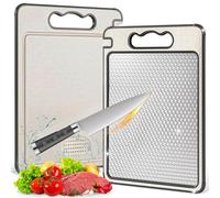 Planche à Découper En Titane, Planche à découper double face, planche a decouper inox,cutting board avec Rainure Presse-ail & Fente à Jus,sans BPA,passe au lave-vaisselle (A)