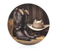 Planche à découper en verre de 20,3 x 20,3 cm, motif chapeau de cowboy, bottes occidentales, planche à découper avec pieds antidérapants, planche à découper ronde pour cuisine, résistante à la chaleur