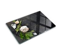 Planche à Découper en Verre Trempé 80x52 cm Contact Alimentaire Modernité Bords Polis Avec Impression Décoration Pieds Antidérapants Résistant à la Chaleur Symétrique - Ail