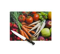 Planche à Découper en Verre Trempé - Assortiment de Légumes et Fruits Frais Carottes Orange et Blanches Fraises Raisin Kiwi Tomates Pommes Nourriture Sain Vegan Miam - Protection Plan de Travail