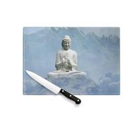 Planche à Découper en Verre Trempé - Buddha Blanc Montage Meditation Bouddhisme - Protection Plan de Travail et Dessous de Plat Résistant Chaleur 2 Tailles Imprimé en France