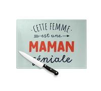 Planche à Découper en Verre Trempé - Cette Femme est une Maman Géniale Mère - Protection Plan de Travail et Dessous de Plat Résistant Chaleur 2 Tailles Imprimé en France